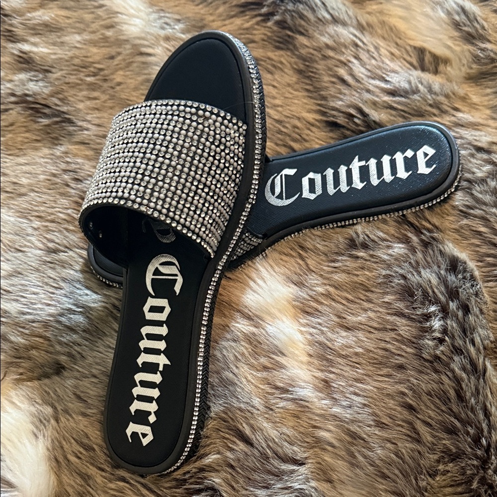 New Juicy Couture rhinestone Black Silver Women's Slides Sandals flip-flops 7